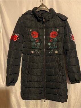 Desigual Navy Puffer Coat with Butterfly and Red Rose Embroidery NWOT 44